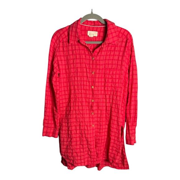 Anthropologie Pink Checkered Long Sleeve Button Front Tunic Size Medium - Picture 1 of 7